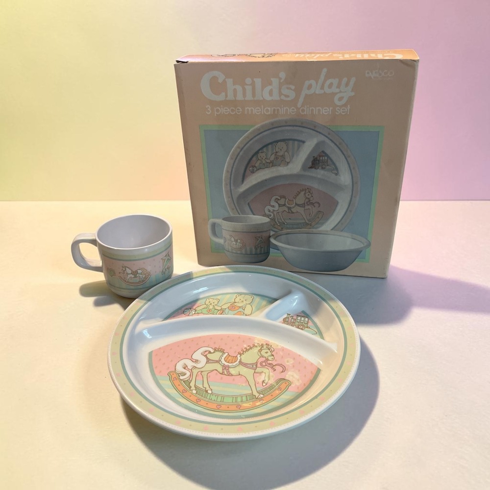 Vintage 1985 Enesco Childs Play Melamine 2pc Dinner Set Rocking Horse‎ 871958